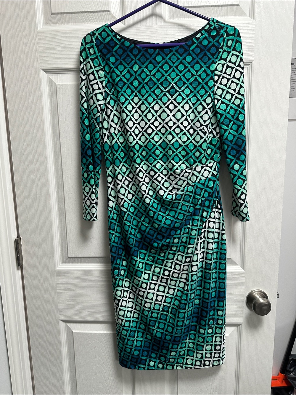 Jessica Howard Teal and White Patterned Long Sleeve Sheath Dress
